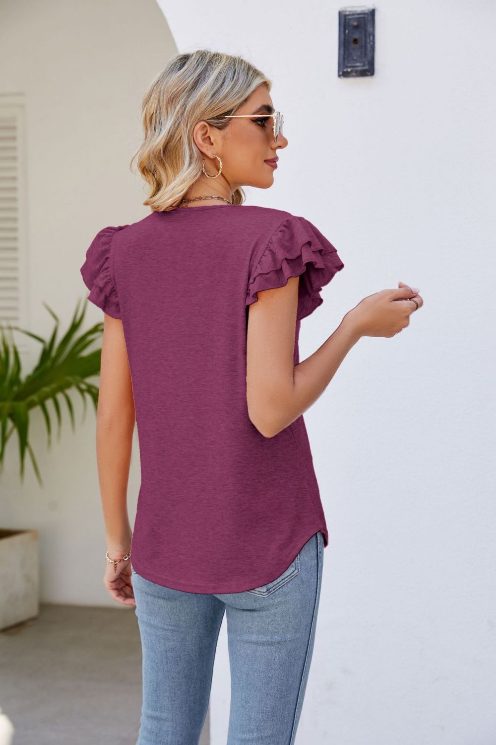 Smocked Flutter Sleeve V-Neck Top  Shirts & Tops- Doll Fits