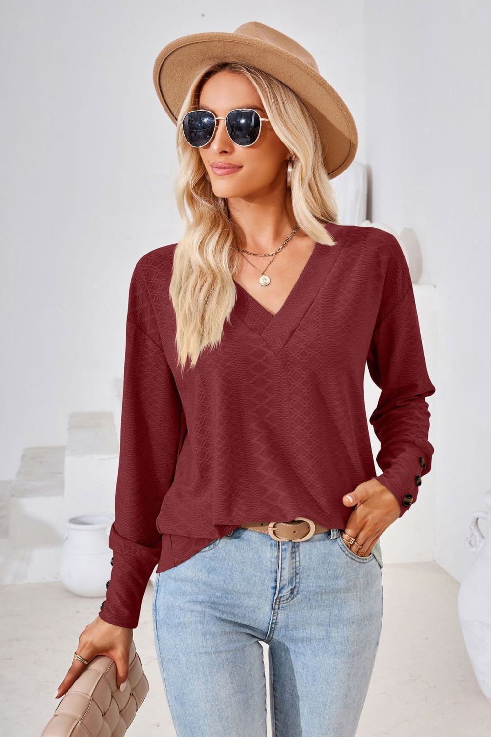 V-Neck Long Sleeve Blouse  - Doll Fits