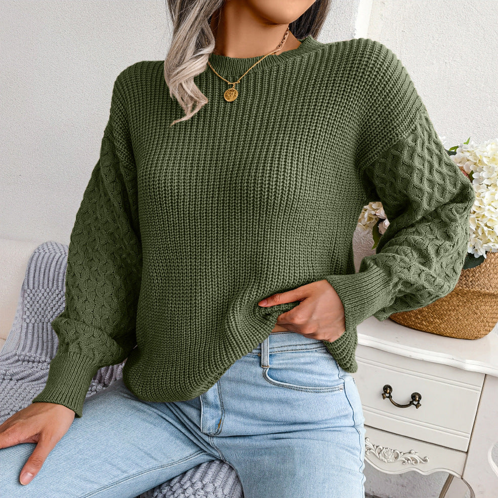 Mixed Knit Round Neck Dropped Shoulder Sweater  Shirts & Tops- Doll Fits