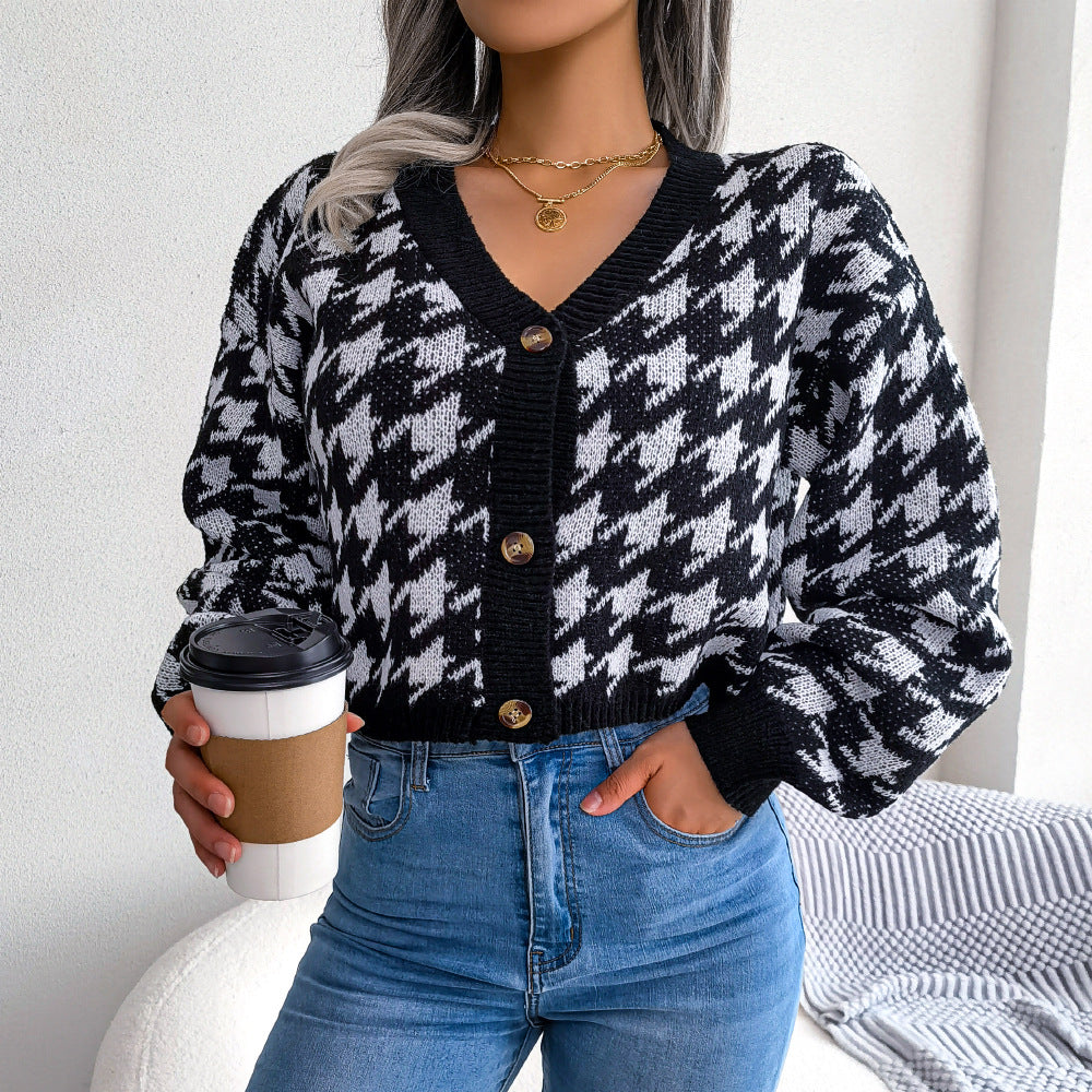 Houndstooth V-Neck Dropped Shoulder Cropped Cardigan  Coats & Jackets- Doll Fits