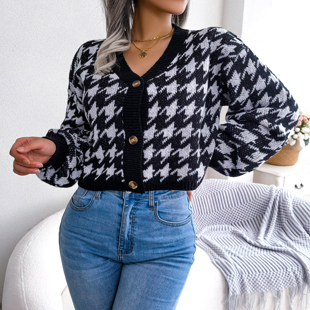 Houndstooth V-Neck Dropped Shoulder Cropped Cardigan  Coats & Jackets- Doll Fits