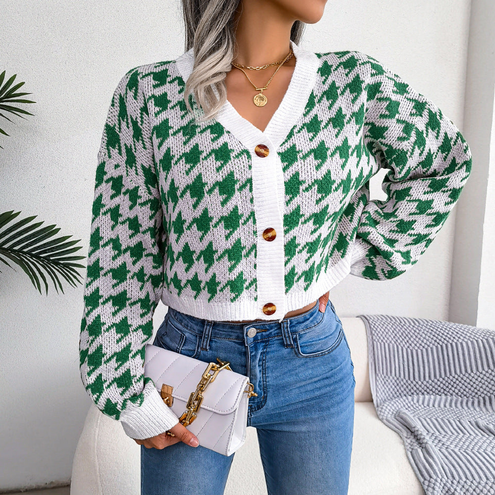Houndstooth V-Neck Dropped Shoulder Cropped Cardigan  Coats & Jackets- Doll Fits