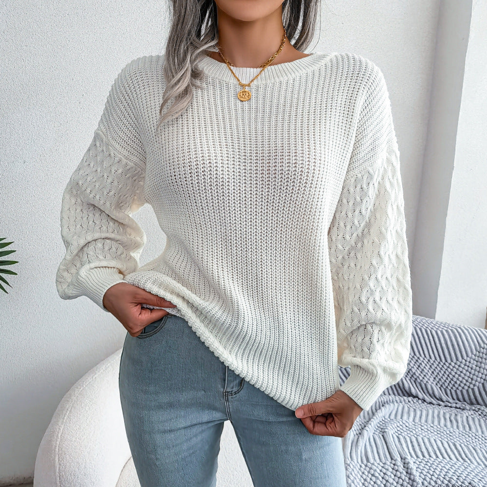 Mixed Knit Round Neck Dropped Shoulder Sweater  Shirts & Tops- Doll Fits