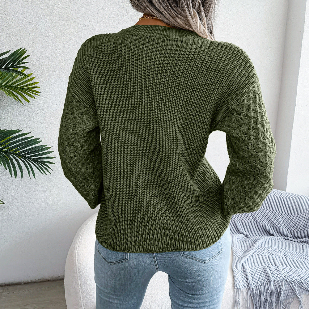 Mixed Knit Round Neck Dropped Shoulder Sweater  Shirts & Tops- Doll Fits