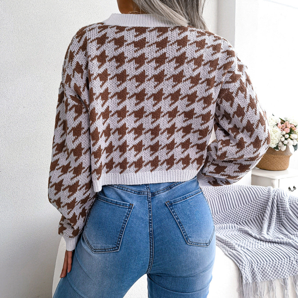 Houndstooth V-Neck Dropped Shoulder Cropped Cardigan  Coats & Jackets- Doll Fits