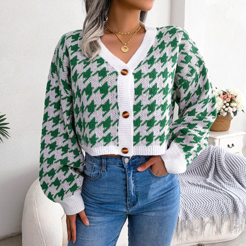 Houndstooth V-Neck Dropped Shoulder Cropped Cardigan  Coats & Jackets- Doll Fits