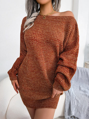 Heathered Boat Neck Lantern Sleeve Sweater Dress  Dresses- Doll Fits
