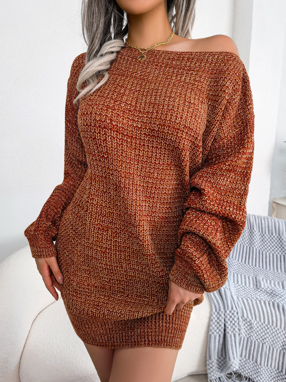 Heathered Boat Neck Lantern Sleeve Sweater Dress  Dresses- Doll Fits