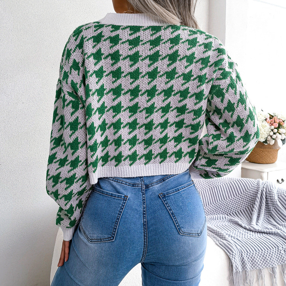 Houndstooth V-Neck Dropped Shoulder Cropped Cardigan  Coats & Jackets- Doll Fits