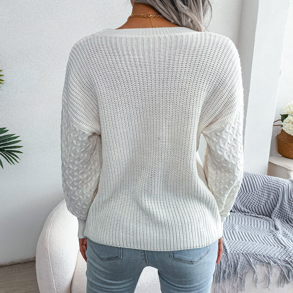 Mixed Knit Round Neck Dropped Shoulder Sweater  Shirts & Tops- Doll Fits