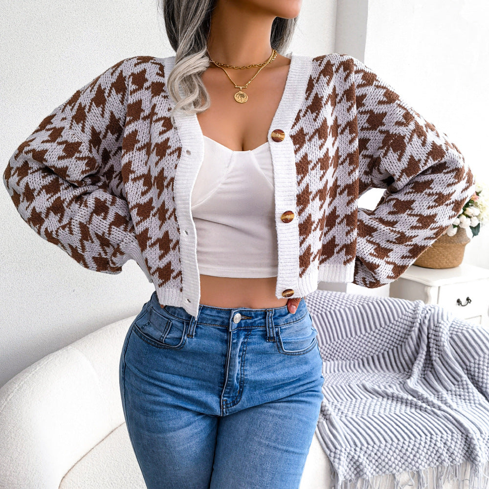 Houndstooth V-Neck Dropped Shoulder Cropped Cardigan  Coats & Jackets- Doll Fits