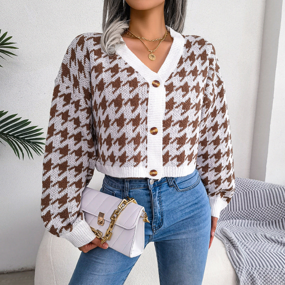 Houndstooth V-Neck Dropped Shoulder Cropped Cardigan  Coats & Jackets- Doll Fits