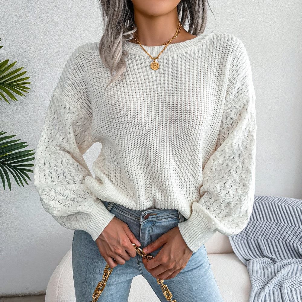 Mixed Knit Round Neck Dropped Shoulder Sweater  Shirts & Tops- Doll Fits