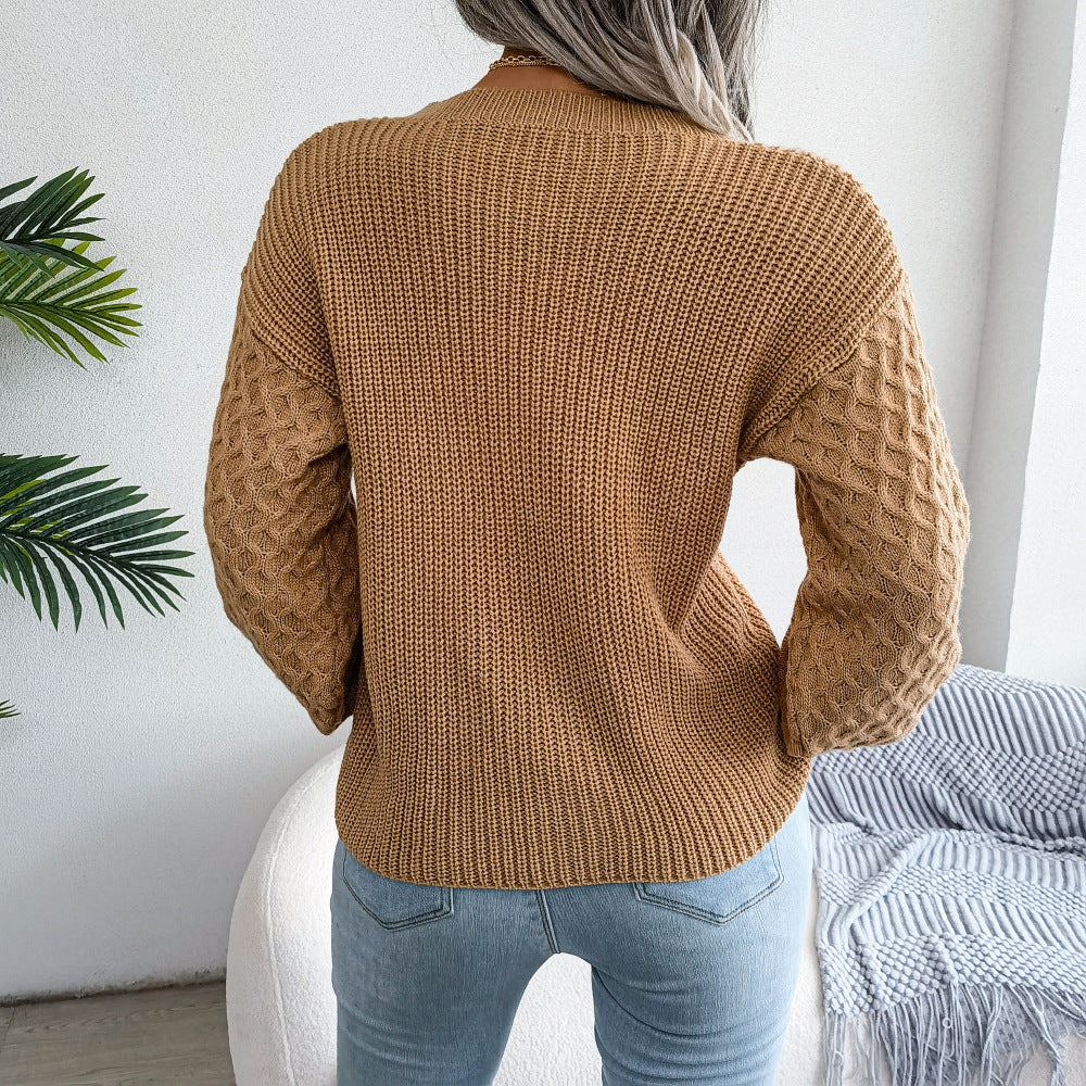 Mixed Knit Round Neck Dropped Shoulder Sweater  Shirts & Tops- Doll Fits