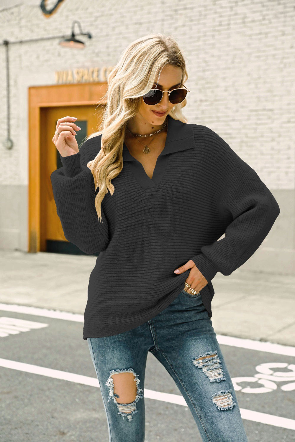 Horizontal Ribbing Johnny Collar Sweater  Shirts & Tops- Doll Fits