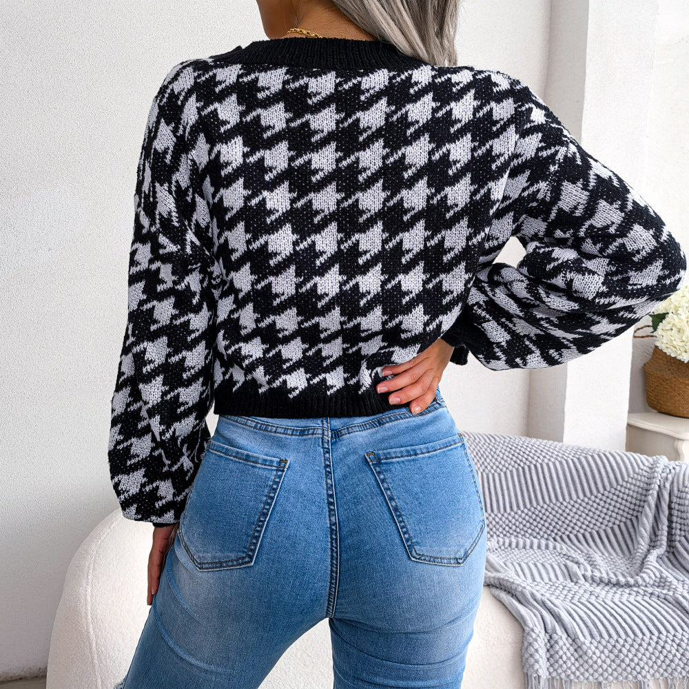 Houndstooth V-Neck Dropped Shoulder Cropped Cardigan  Coats & Jackets- Doll Fits