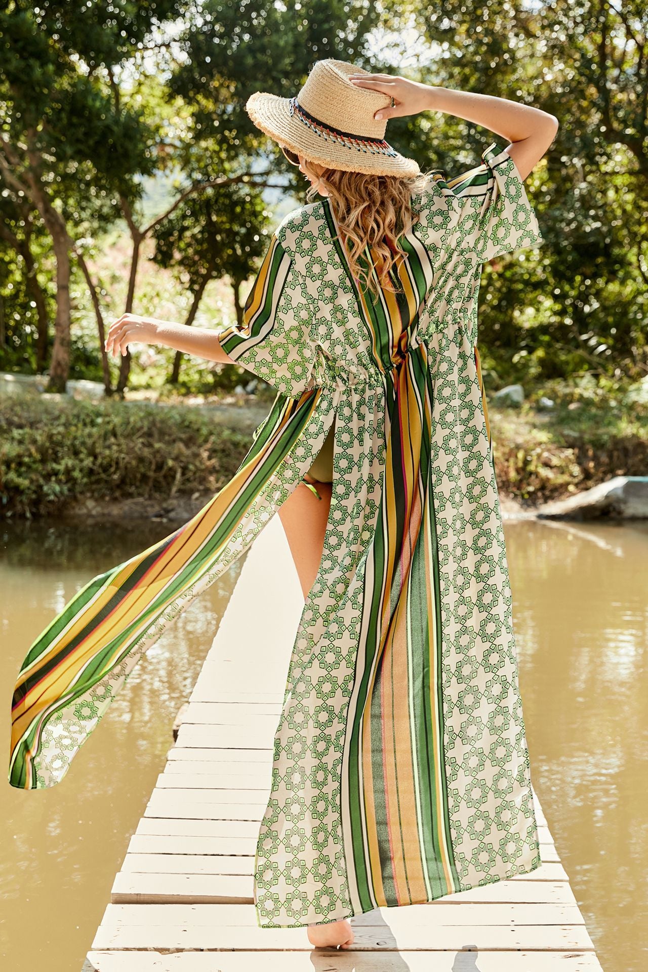 Mixed Print Drawstring Waist Side Split Cover-Up  Swimwear- Doll Fits