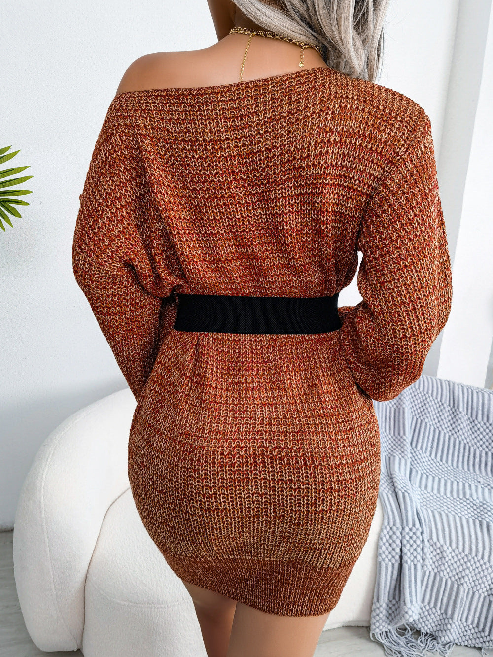 Heathered Boat Neck Lantern Sleeve Sweater Dress  Dresses- Doll Fits