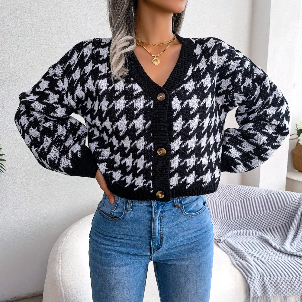 Houndstooth V-Neck Dropped Shoulder Cropped Cardigan  Coats & Jackets- Doll Fits