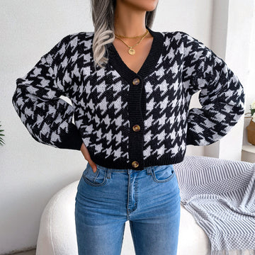 Houndstooth V-Neck Dropped Shoulder Cropped Cardigan  Coats & Jackets- Doll Fits