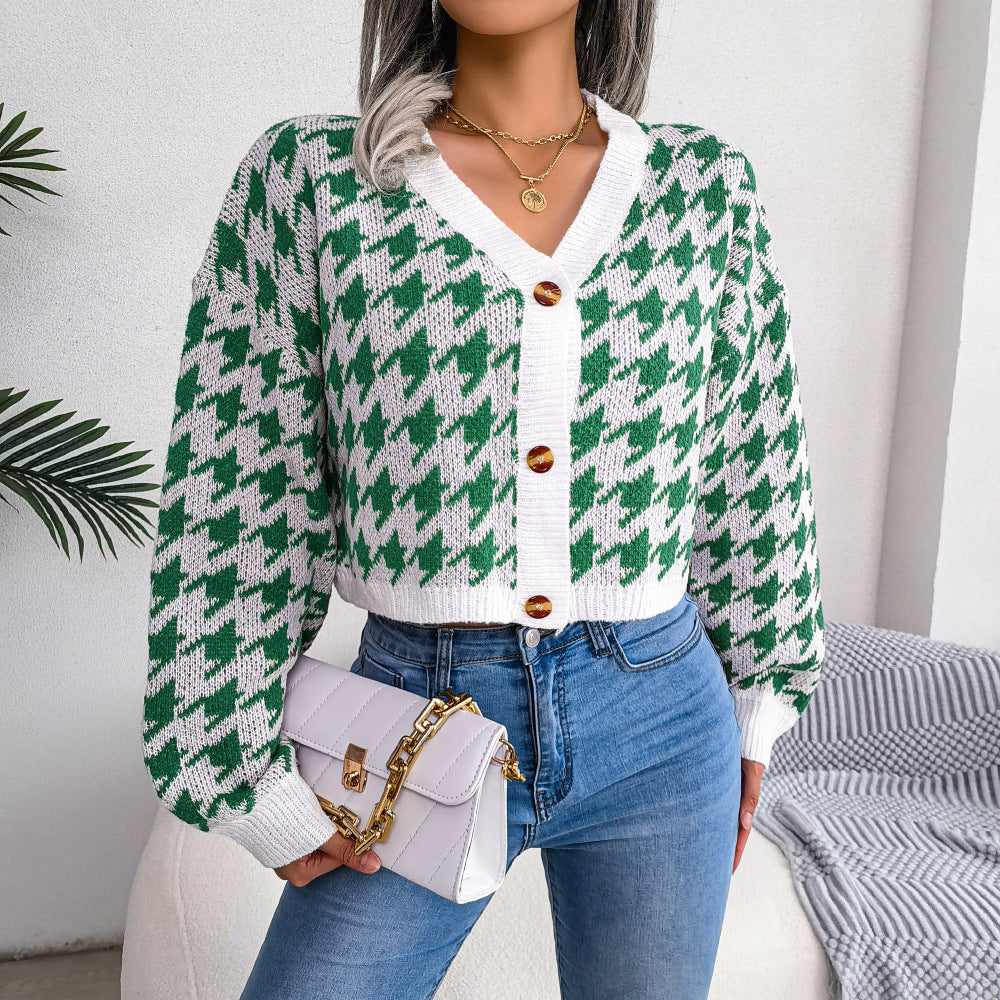 Houndstooth V-Neck Dropped Shoulder Cropped Cardigan  Coats & Jackets- Doll Fits