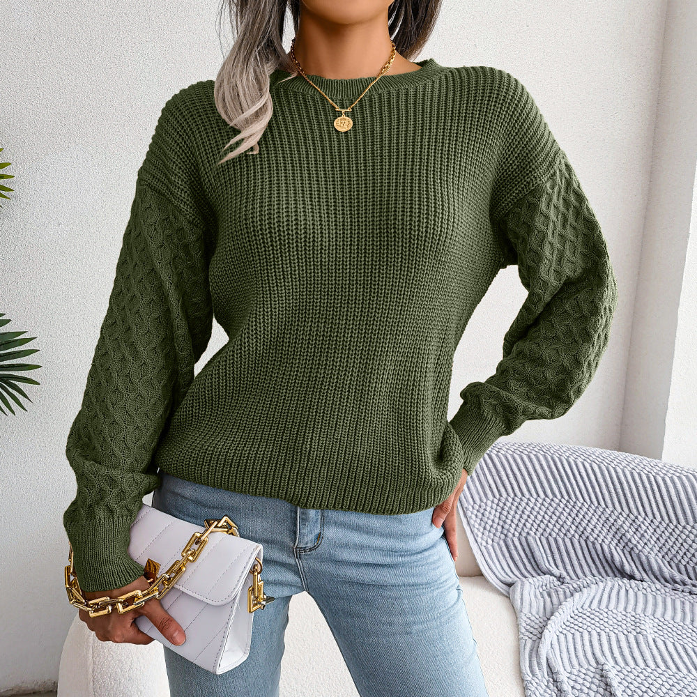 Mixed Knit Round Neck Dropped Shoulder Sweater  Shirts & Tops- Doll Fits
