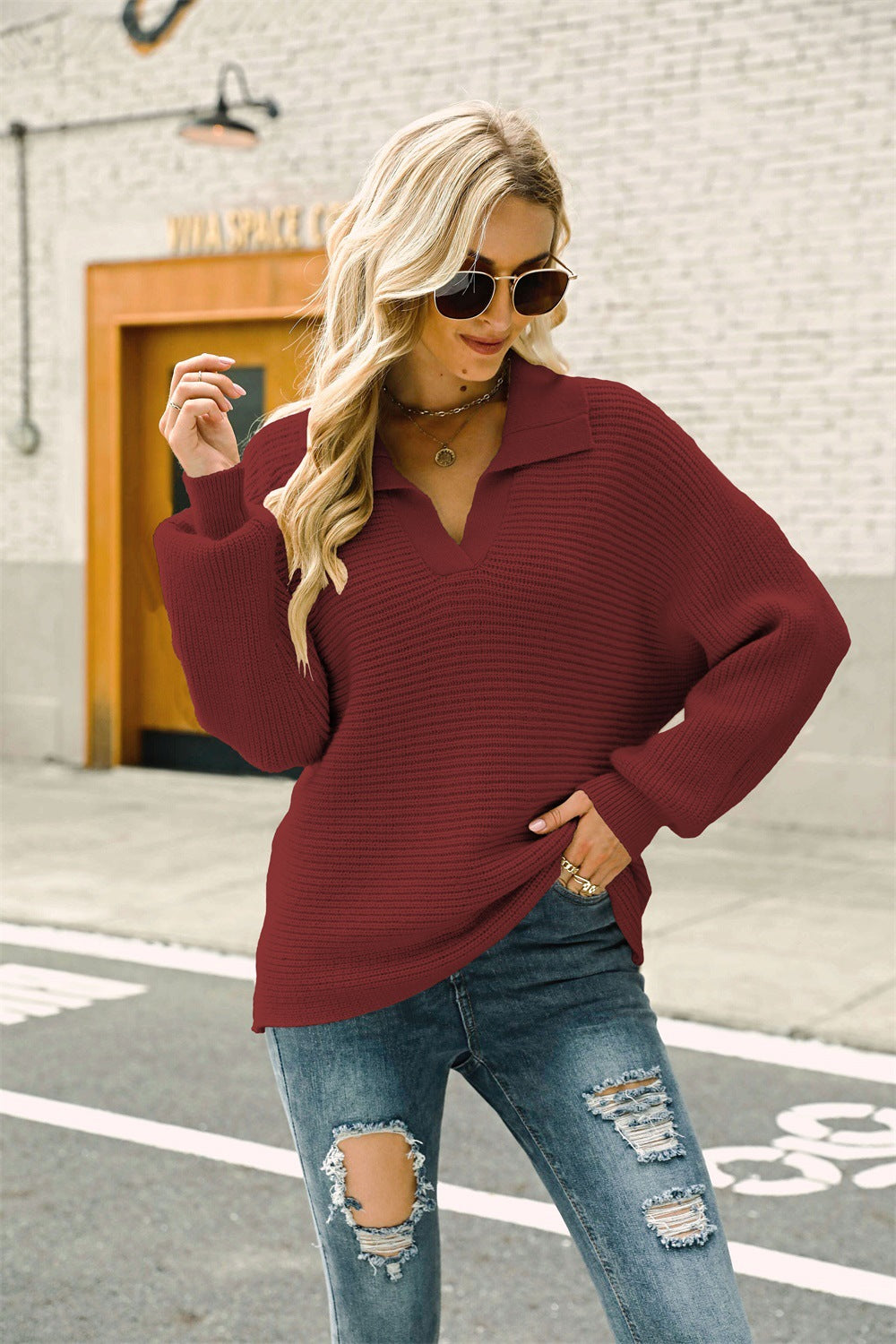 Horizontal Ribbing Johnny Collar Sweater  Shirts & Tops- Doll Fits