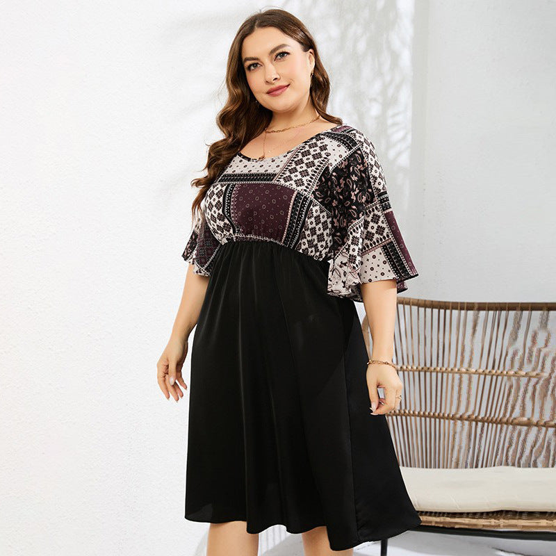 Plus Size Printed Two-Tone Flutter Sleeve Dress  Dresses- Doll Fits