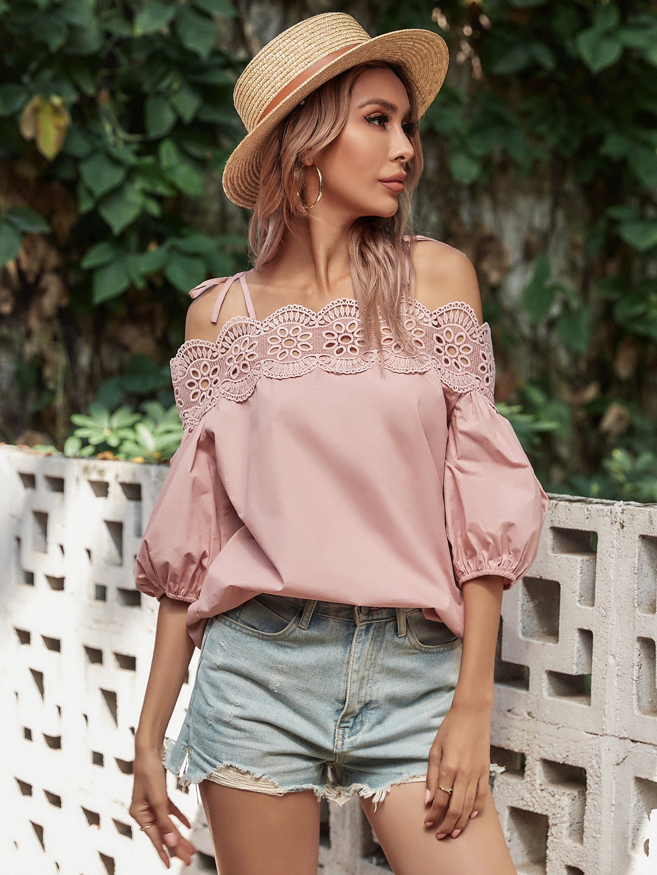 Lace Trim Off-Shoulder Bubble Sleeve Blouse  - Doll Fits
