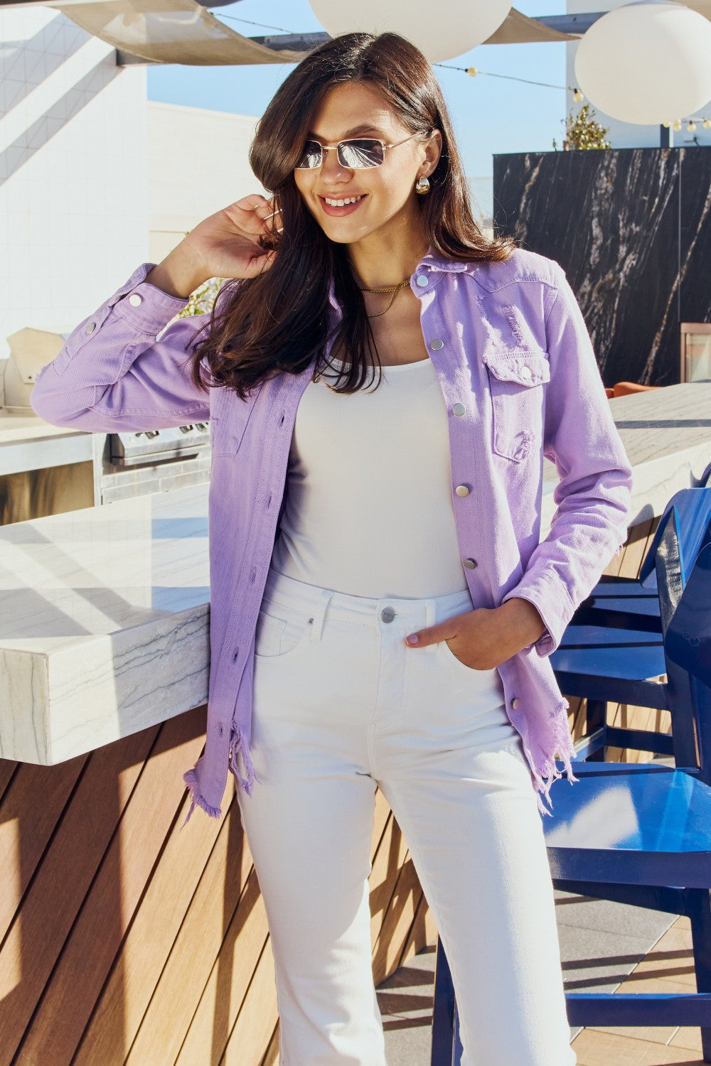 American Bazi Full Size Distressed Button Down Denim Jacket in Lavender  Coats & Jackets- Doll Fits