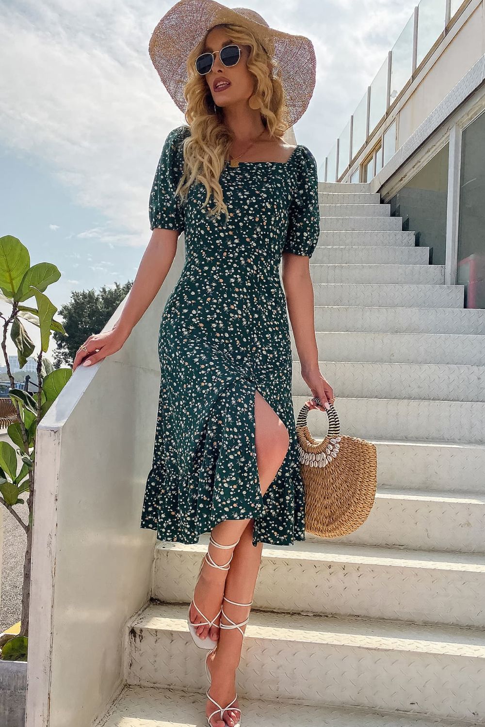 Floral Square Neck Slit Dress  Dresses- Doll Fits