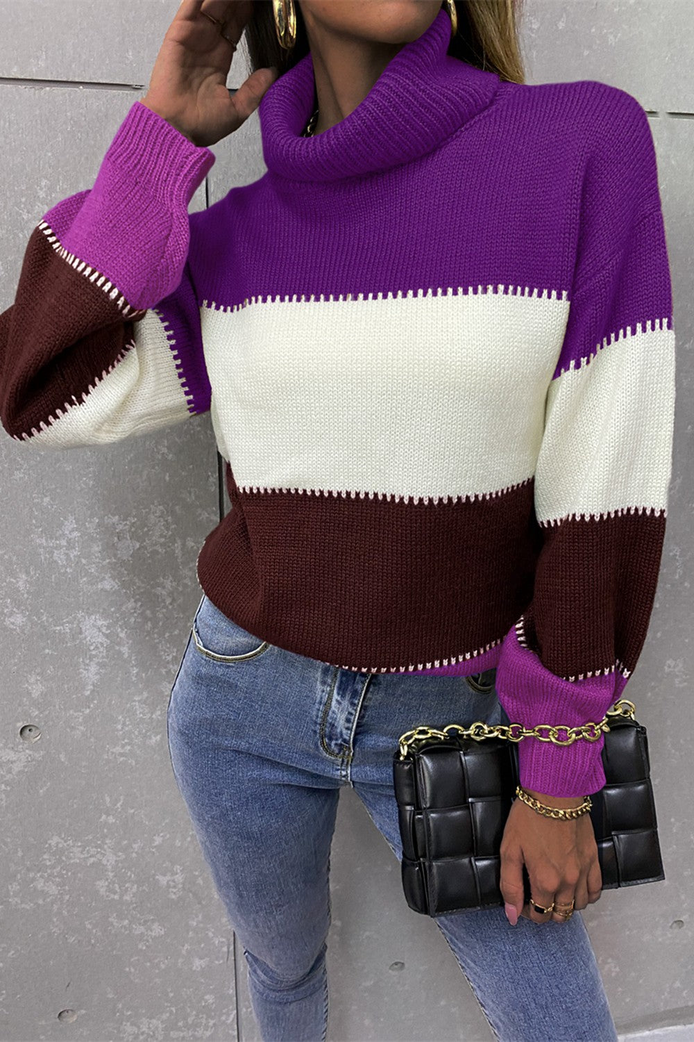 Color Block Lantern Sleeve Turtleneck Sweater  Shirts & Tops- Doll Fits