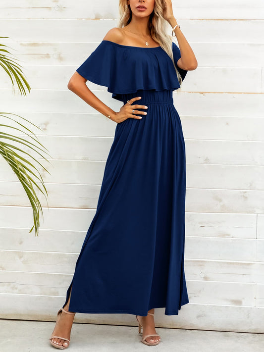 Off-Shoulder Slit Maxi Dress  Dresses- Doll Fits