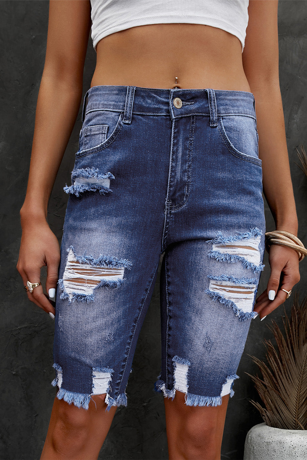 Distressed Frayed Hem Denim Bermuda Shorts  - Doll Fits