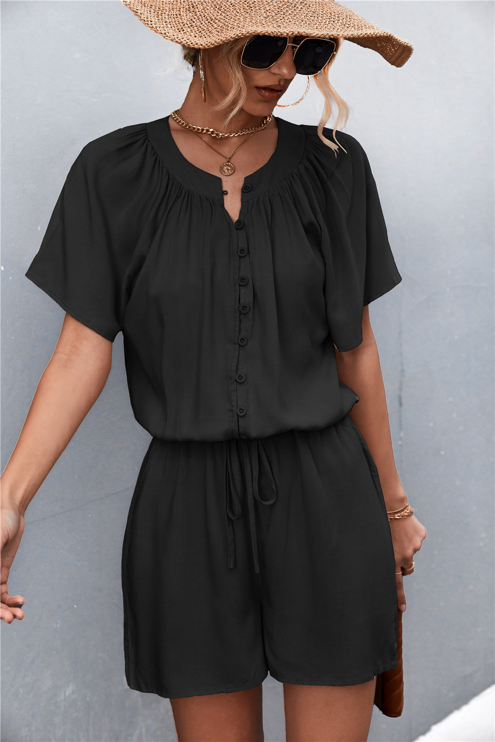 Buttoned Gather Detail Romper  Jumpsuits & Rompers- Doll Fits
