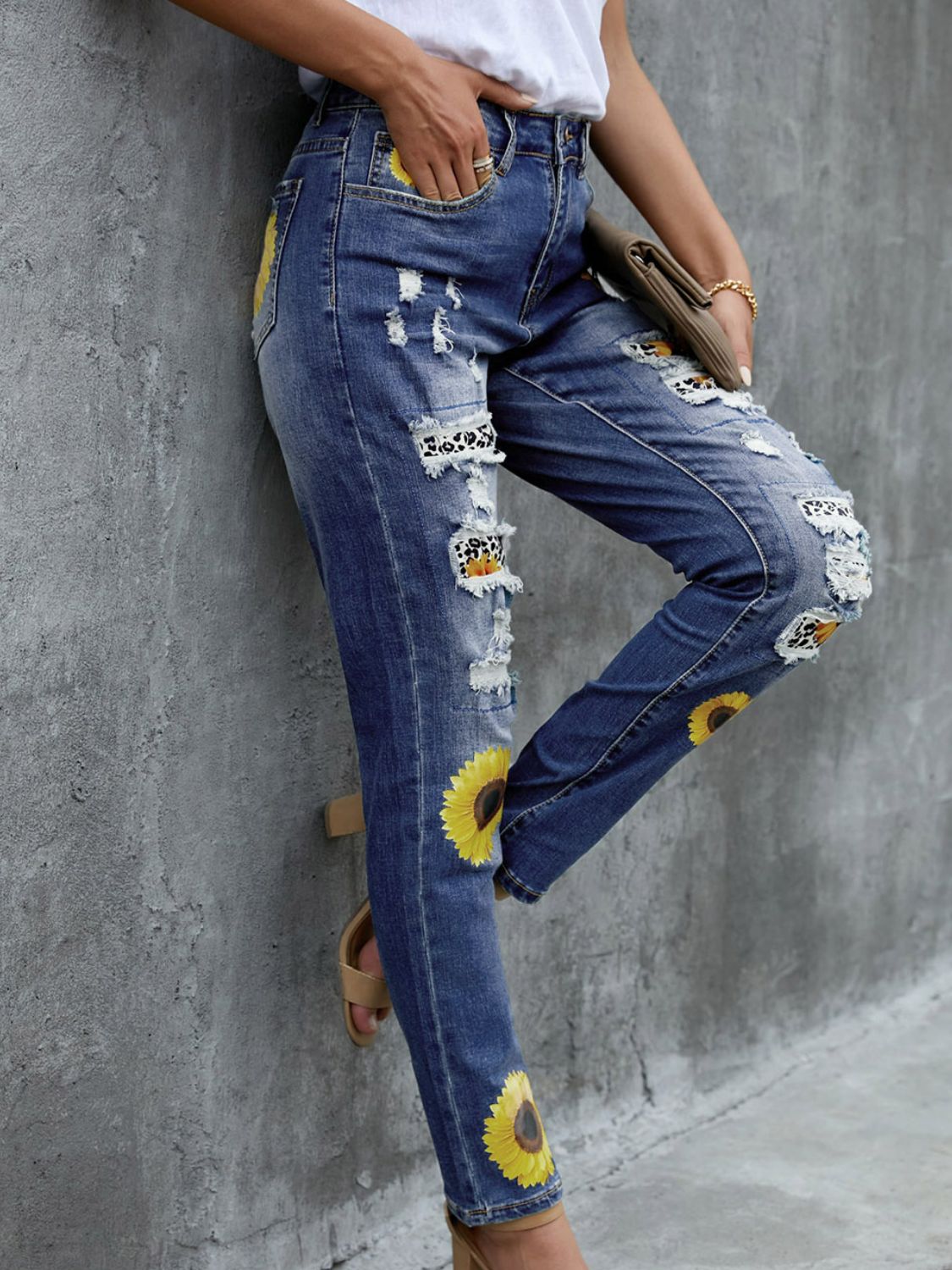 Leopard Patchwork Sunflower Print Distressed High Waist Jeans  Pants- Doll Fits