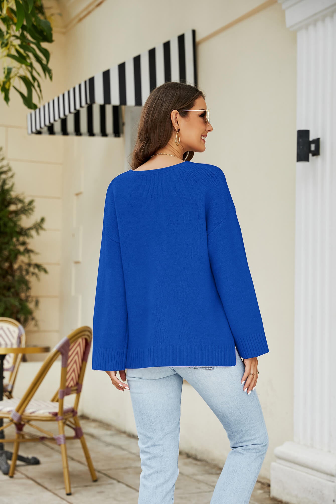 Drop Shoulder V-Neck Knit Pullover  Shirts & Tops- Doll Fits