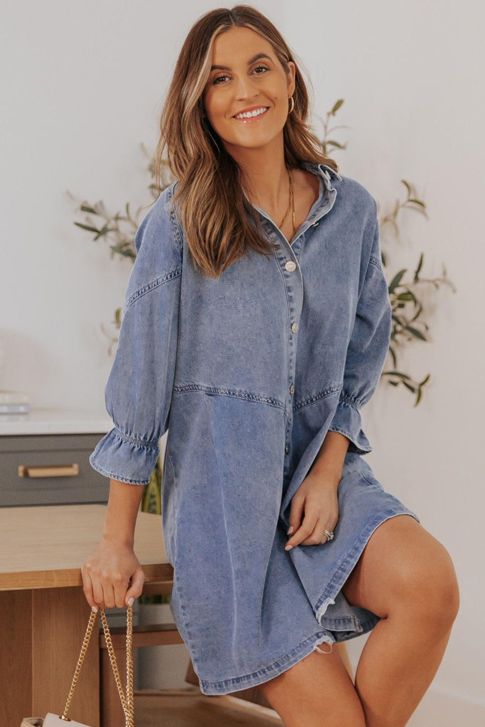 Collared Neck Flounce Sleeve Denim Mini Dress  Dresses- Doll Fits