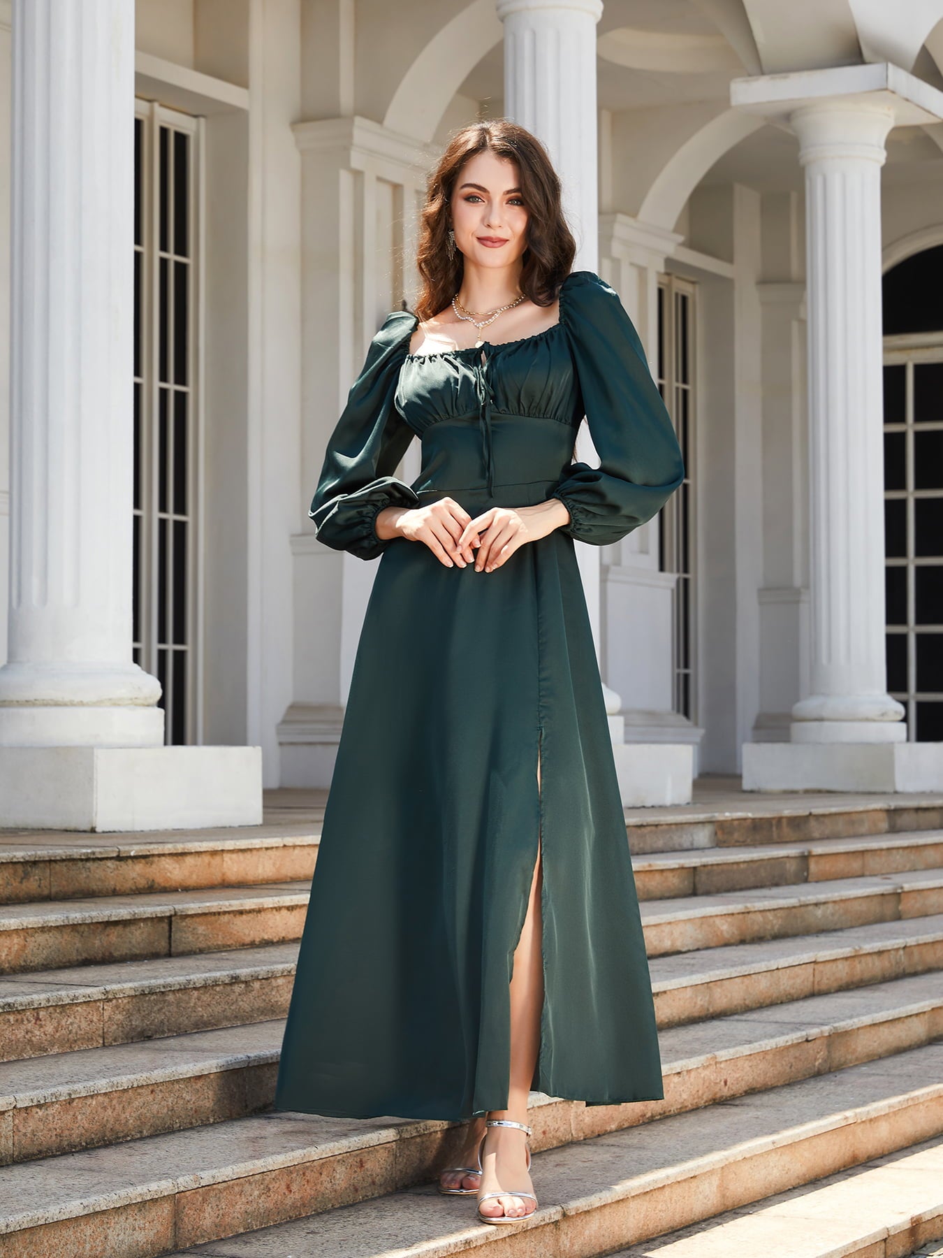 Square Neck Puff Sleeve High Slit Maxi Dress  Dresses- Doll Fits