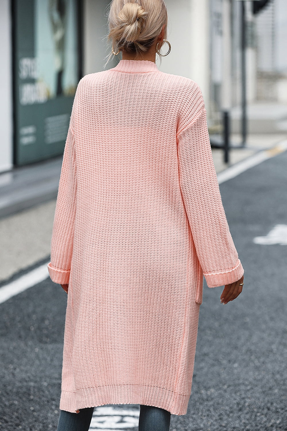 Dropped Shoulder Long Sleeve Cardigan with Pocket  - Doll Fits