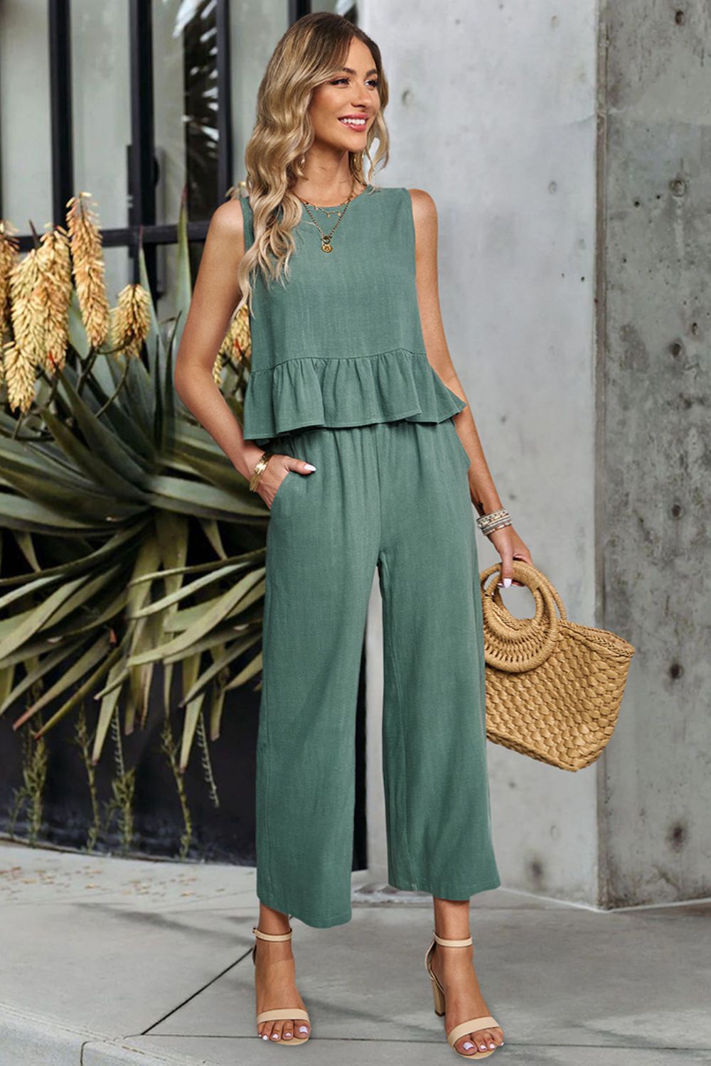 Decorative Button Ruffle Hem Tank and Pants Set  Outfit Sets- Doll Fits