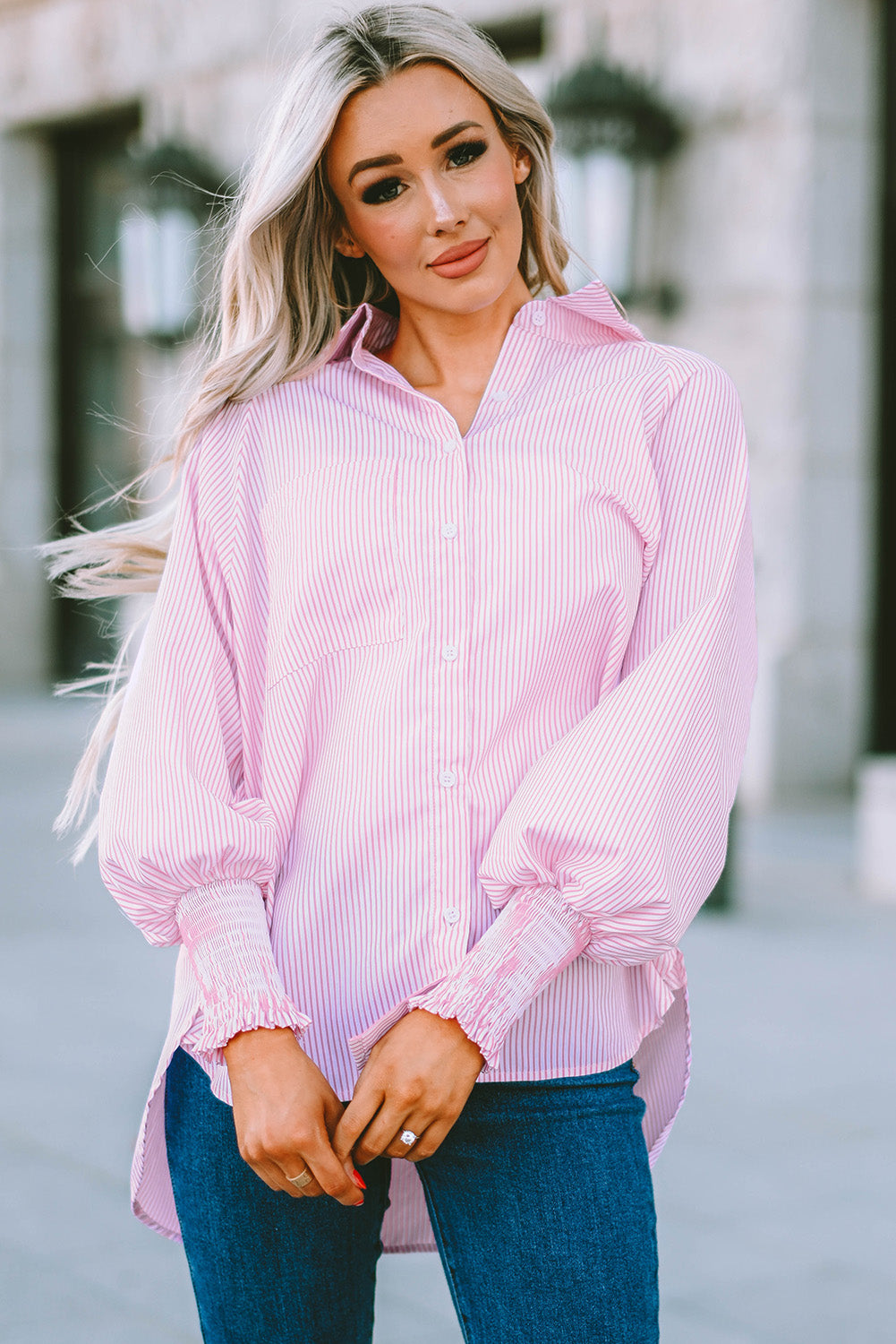 Striped Lantern Sleeve Collared Shirt  Shirts & Tops- Doll Fits