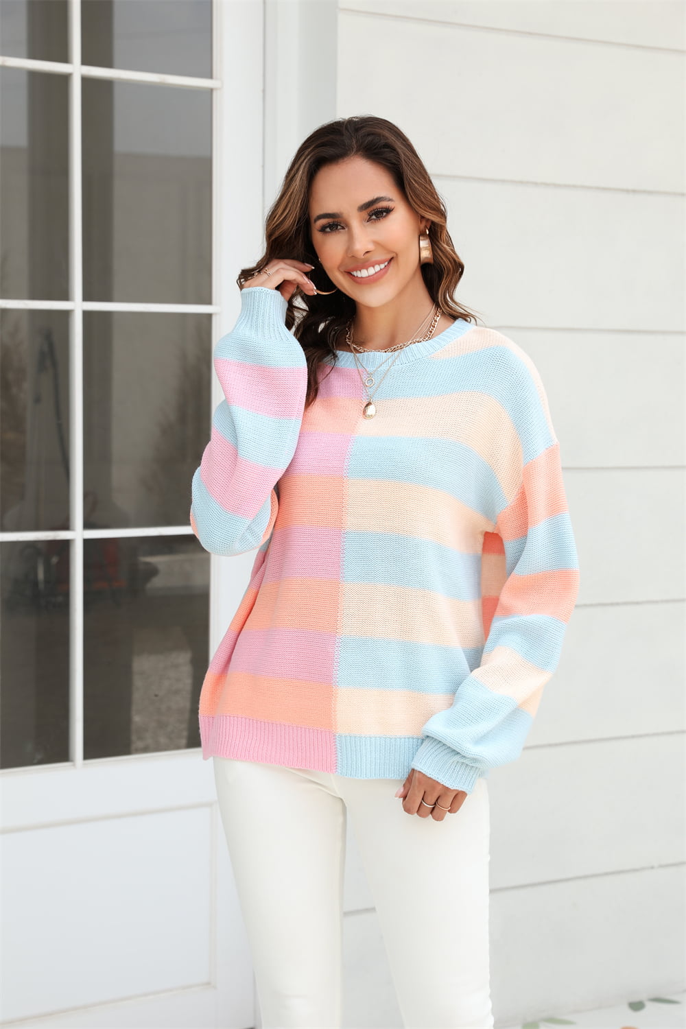 Round Neck Long Sleeve Color Block Dropped Shoulder Pullover Sweater  Shirts & Tops- Doll Fits