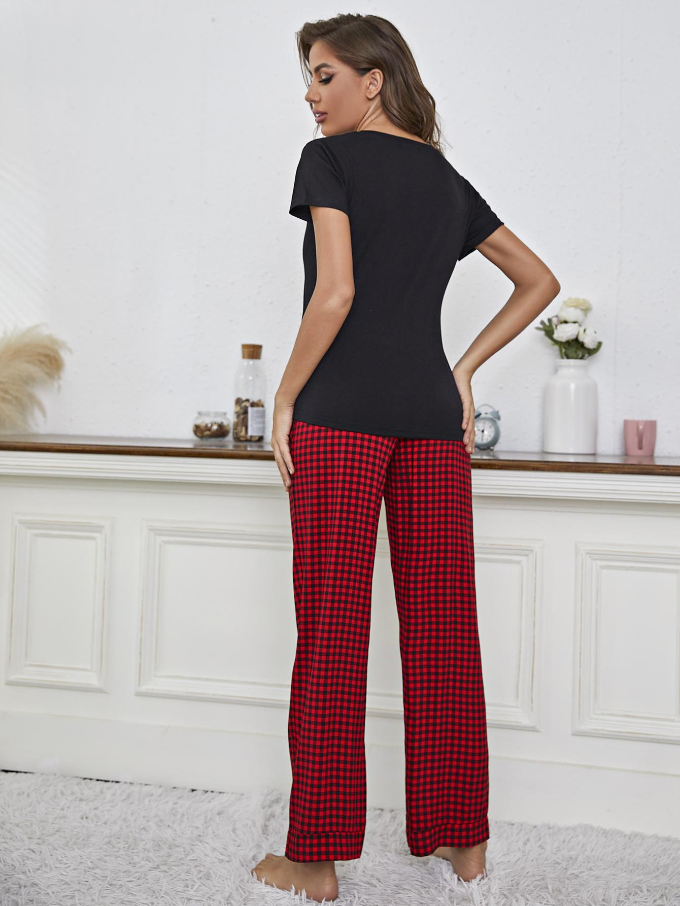 V-Neck Top and Gingham Pants Lounge Set  Sleepwear & Loungewear- Doll Fits