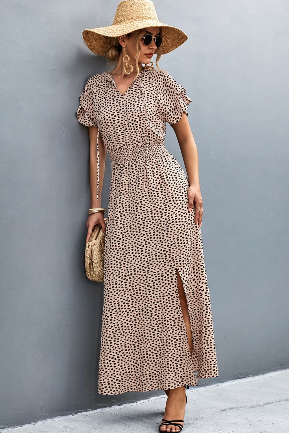 Printed Tie-Neck Flutter Sleeve Split Dress  Dresses- Doll Fits