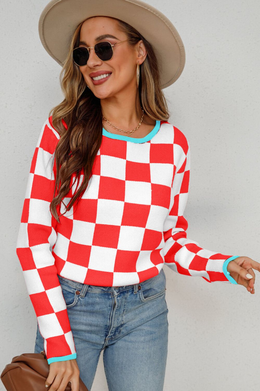 Checkered Round Neck Sweater  Shirts & Tops- Doll Fits