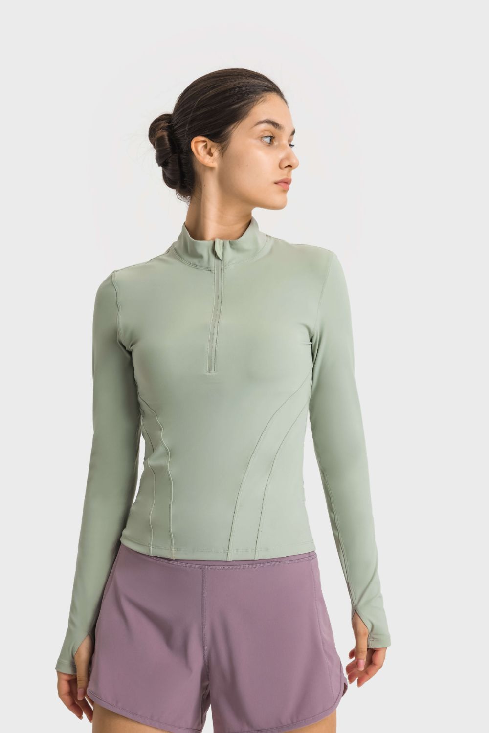 Half Zip Thumbhole Sleeve Sports Top  Activewear- Doll Fits