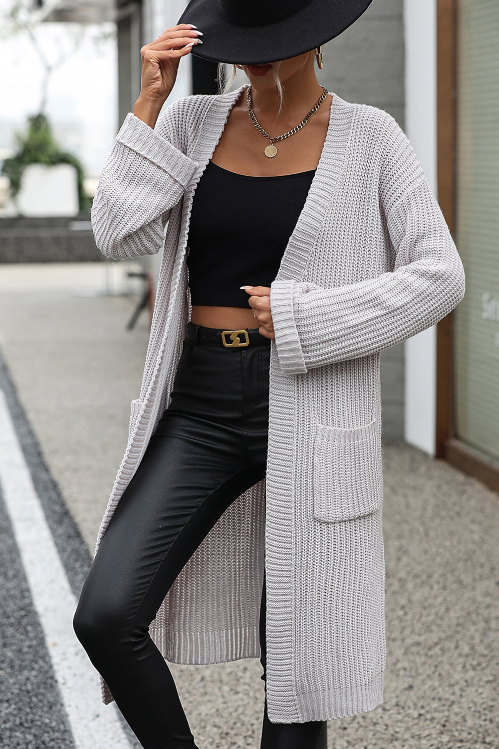 Dropped Shoulder Long Sleeve Cardigan with Pocket  - Doll Fits