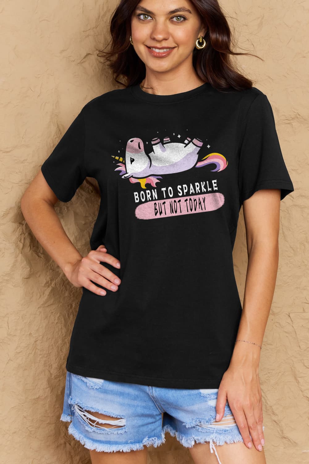 Simply Love Full Size BORN TO SPARKLE BUT NOT TODAY Graphic Cotton Tee  - Doll Fits