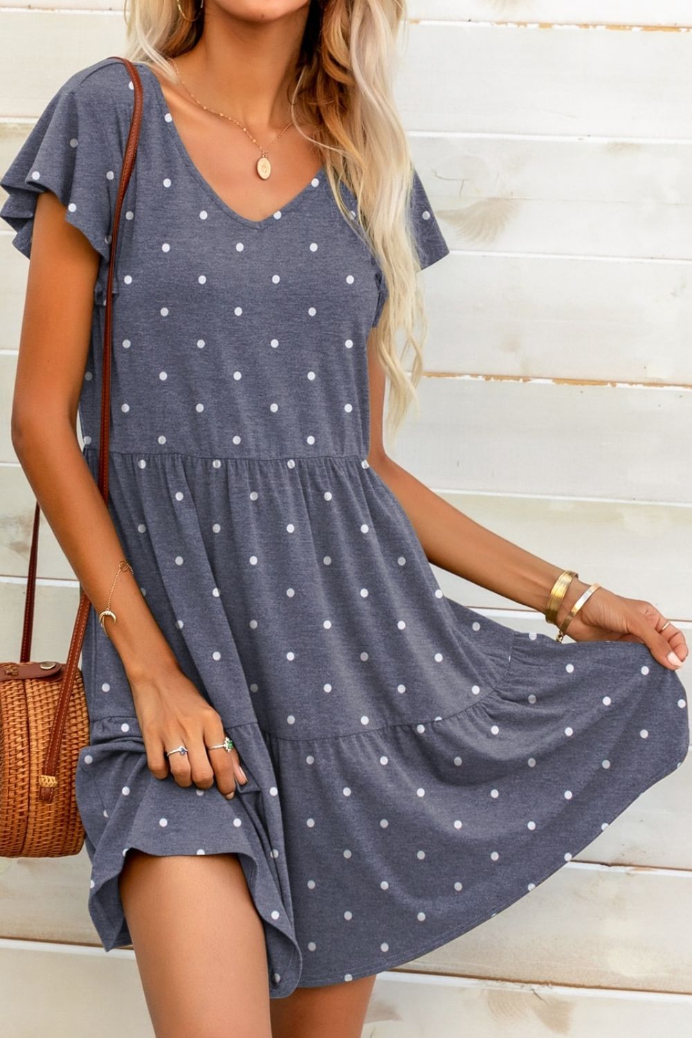 Polka Dot V-Neck Flutter Sleeve Mini Dress  Dresses- Doll Fits